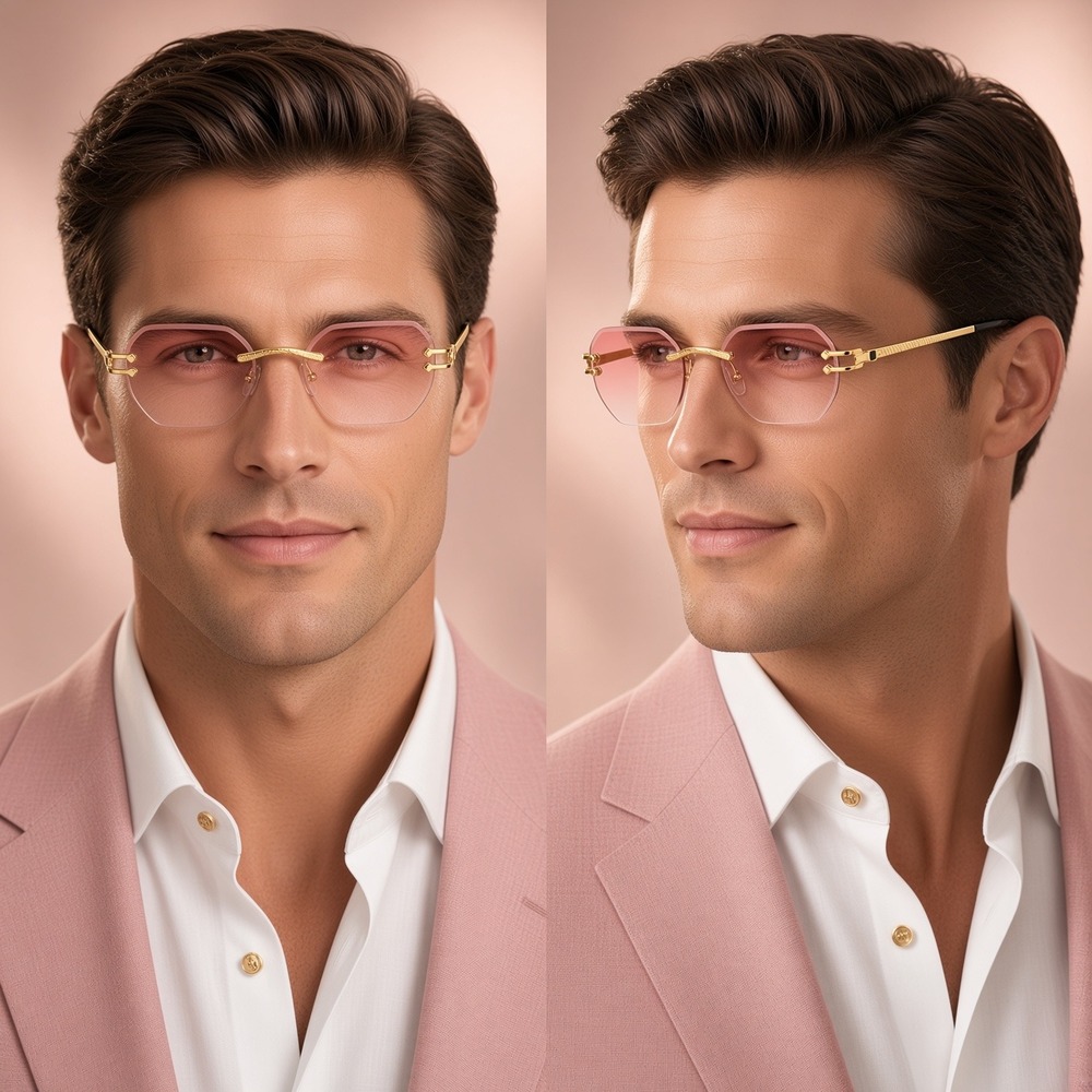 Mens Rimless Geometric Sunglasses Pink Gradient Lens Gold Metal Frame Retro Y2K